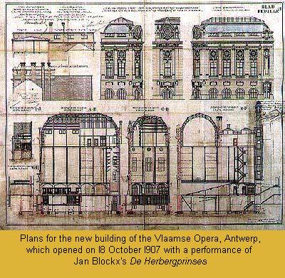 Plans for the new building of the Vlaamse Opera, Antwerp, which opened on l8 Oct l907 with a performance of Jan Blockx's De Herbergprinses