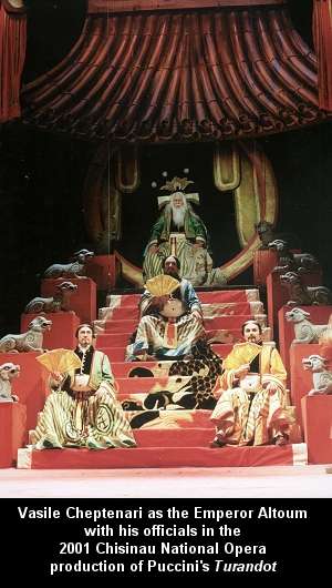 Vasile Cheptenari as the Emperor Altoum with his officials in the 2001 Chisinau National Opera production of Puccini's 'Turandot'