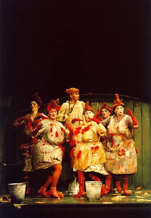 Juanita Lascarro (as the Vixen) with the hens (Chief hen Yolande Jones). Photo: Bill Cooper