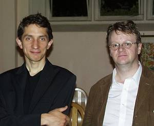 Robert Hollingworth (left) and Adrian Williams, celebrating at a dinner held by the concert's sponsors, Cheltenham College. Photo: Keith Bramich