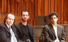 The three finalists await the result - left to right: Ivan Meylemans, Dmitri Slobodeniouk and Christophe Mangou. Photo: Keith Bramich