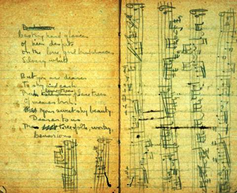 Gurney's notebook; the lines here are from his poem 'The Poplar'. Photo: The Imperial War Museum, London