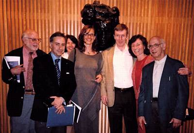 From left to right: Professor Herbert Kellmann (University of Illinois), Dr Malcolm Miller (Open University), Mrs Kellmann, Professor Birgit Lodes (Universities of Munich and Vienna), Professor William Kinderman (University of Illinois), Dr Katherine Syer (University of Illinois, wife of Professor Kinderman) and Professor Bruno Nettl (University of Illinois), at the Krannert Center during the 'Missa Solemnis' concert. Behind is a sculture of Beethoven.