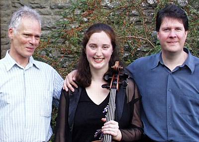 Robin Holloway (left), Alice Neary and Lloyd Moore at St Mary's Kinnerton after Alice's solo cello recital on 23 August 2003. Photo: Keith Bramich