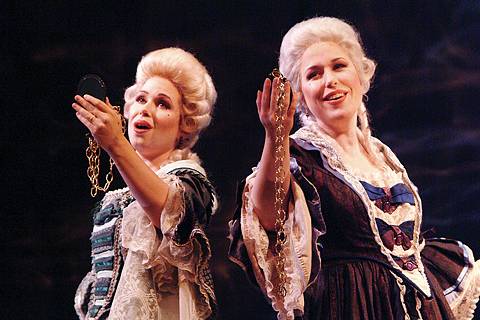 Sarah Mattox as Dorabella (left) and Lori Lind as Fiordiligi in Così fan tutte. Photo © 2004 Steve Zorc