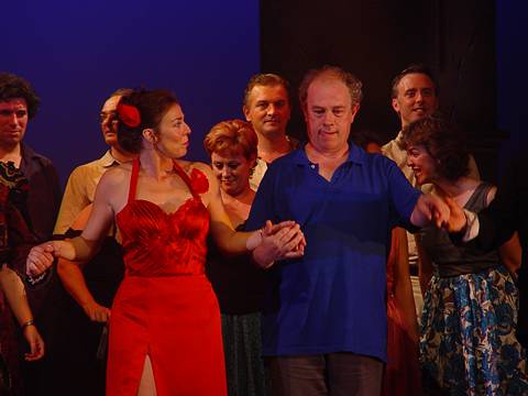 Yvonne Fontane (Carmen and Director) with Conductor Robert Secret and the cast at the Dress Rehearsal curtain call of Stowe Opera's 2004 'Carmen'. Photo © 2004 John Credland