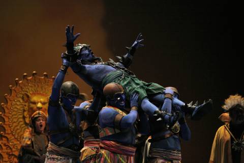 Martin Zysset as Monostatos is carried away by his slave chorus in San Diego Opera's production of Mozart's 'The Magic Flute'. Photo © 2006 Ken Howard