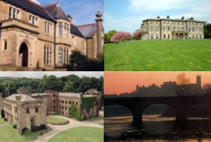 Four of Heritage Opera's impressive venues - Queen Elizabeth Grammar School, Blackburn, Lancashire (top left); Haigh Hall, Wigan (top right); Towneley Hall, Burnley (bottom left); Lancaster Castle at sundown