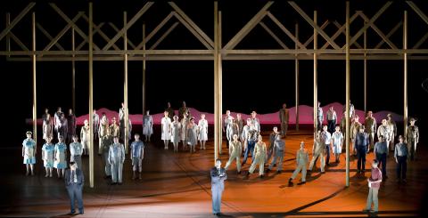 Edward Teller (Richard Paul Fink), J Robert Oppenheimer (Gerald Finley), Robert Wilson (Thomas Glenn), dancers and the Netherlands Opera Choir. Photo © 2007 Marco Borggreve