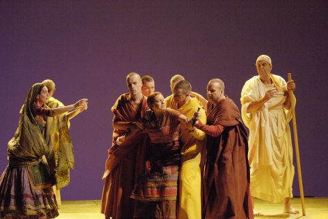 From left to right, Rebecca de Pont Davies (Mother), Claire Booth (Prakriti, restrained by monks) and Richard Angas (Old Brahmin). Photo © 2007 Clärchen and Matthias Baus