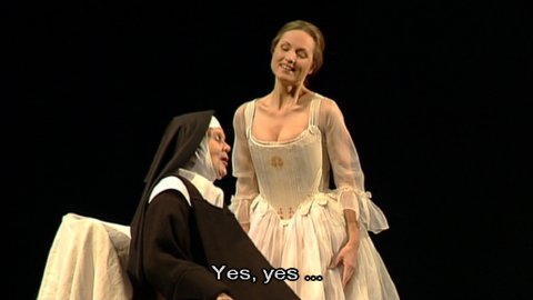 The prioress (Anja Silja) with Blanche (Dagmar Schellenberger). Screenshot © 2004 RAI Trade 