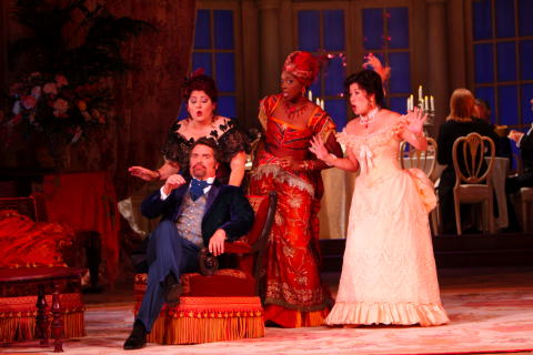 Greg Fedderly, Angel Blue and Karen Vuong in the Los Angeles Opera production of Puccini's 'La Rondine'. Photo © 2008 Robert Millard